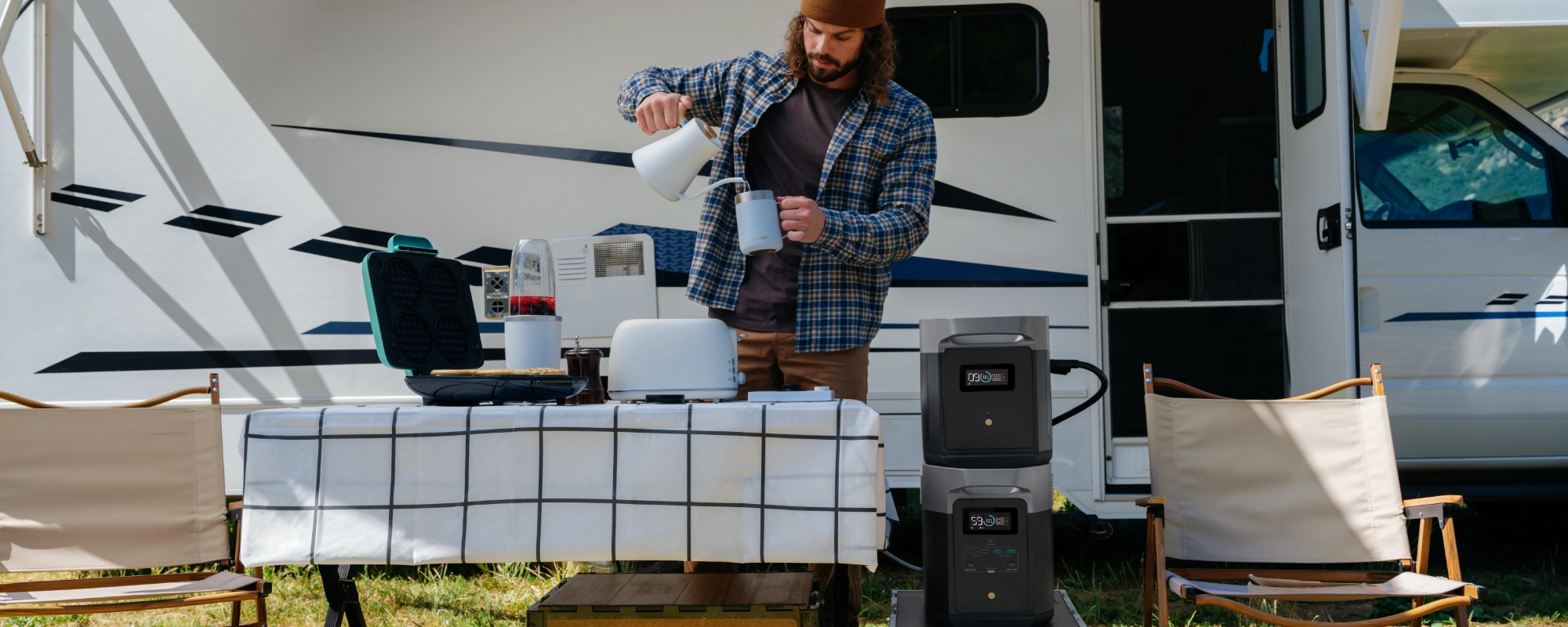 Zasilanie kampera stacją zasilania EcoFlow Delta 2 MAX z dodatkową baterią