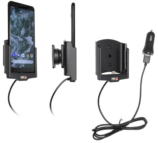 Uchwyt do Google Pixel 3 z wbudowanym kablem USB oraz ładowarką samochodową.