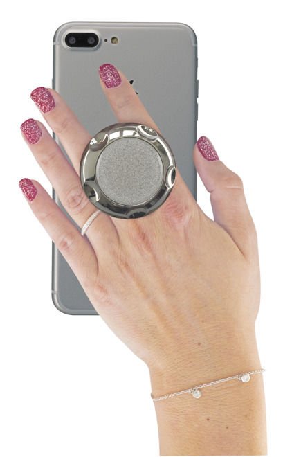 JUMPOP Glamour uniwersalny uchwyt na smartfon z 5 różnymi funkcjami w kolorze błyszczącej gwieździstej szarości z efektem srebrnych iskier