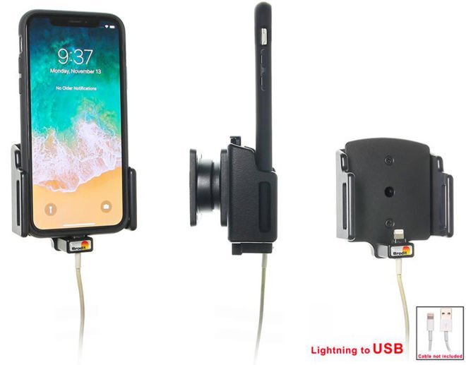 Uchwyt regulowany do Apple iPhone Xr w futerale lub obudowie o wymiarach: 70-83 mm (szer.), 2-10 mm (grubość) z możliwością wpięcia kabla lightning USB