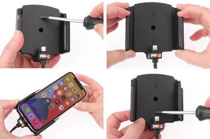 Uchwyt aktywny z kablem USB do Apple iPhone 14 w futerale lub bez o wymiarach: 70-83 mm (szer.), 6-10 mm (grubość).