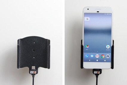Uchwyt do Google Pixel XL z wbudowanym kablem USB oraz ładowarką samochodową.