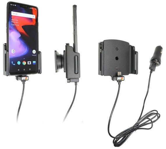 Uchwyt do OnePlus 6 regulowany do smartfonów bez futerału oraz w futerale lub etui o wymiarach: 70-83 mm (szer.), 2-10 mm (grubość) z wbudowanym kablem USB-C oraz ładowarką samochodową