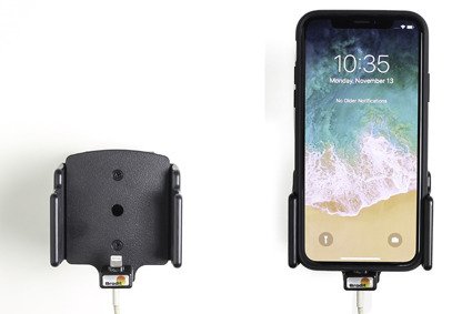 Uchwyt regulowany do Apple iPhone X w futerale lub obudowie o wymiarach: 70-83 mm (szer.), 2-10 mm (grubość) z możliwością wpięcia kabla lightning USB