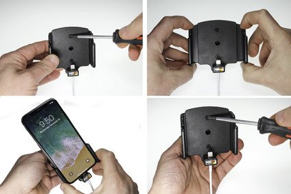 Uchwyt regulowany do Apple iPhone X w futerale o wymiarach: 70-83 mm (szer.), 2-10 mm (grubość) z możliwością wpięcia kabla lightning USB-C